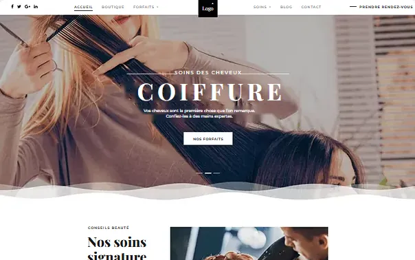 Modèle de site pour institut de beauté&nbsp;: photo de coiffure en ouverture, forfaits et prise de rendez-vous.