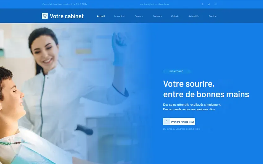 Modèle de site pour cabinet dentaire ou médical&nbsp;: photo de consultation, horaires et bouton de prise de rendez-vous.