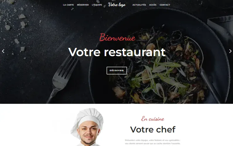 Modèle de site pour restaurant&nbsp;: grande photo d’un plat, titre « Votre restaurant », accès à la carte et à la réservation.